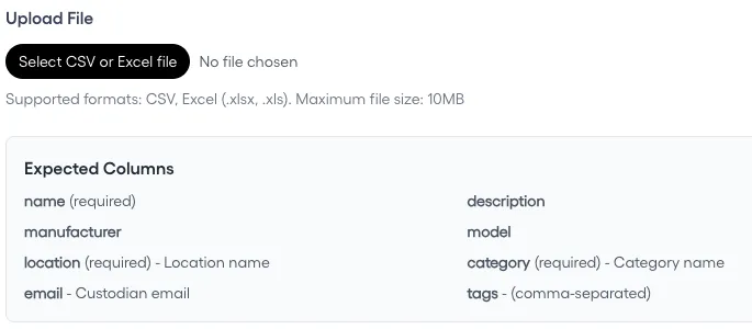The Bulk Import Assets dialog: a file picker for CSV or Excel files, and the expected columns, with name, location, and category marked required.