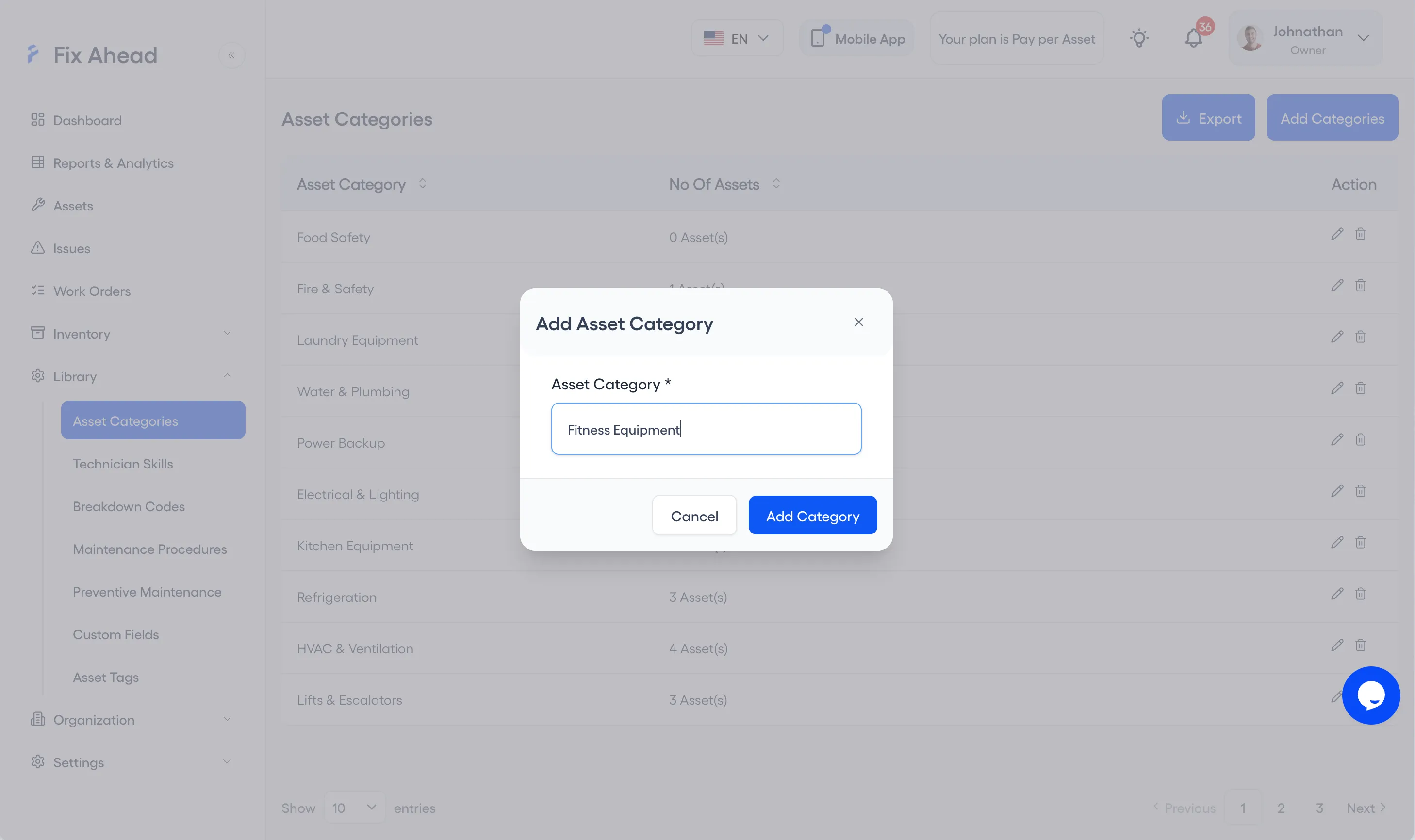 The Add Asset Category form over the Asset Categories list, with an Asset Category field filled in and Cancel and Add Category buttons.