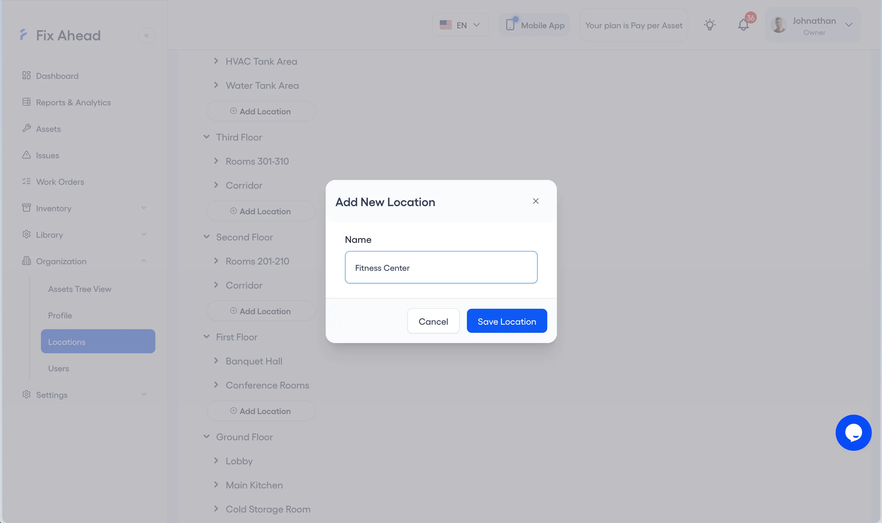 The Add New Location form over the Locations tree, with a Name field filled in and Cancel and Save Location buttons.
