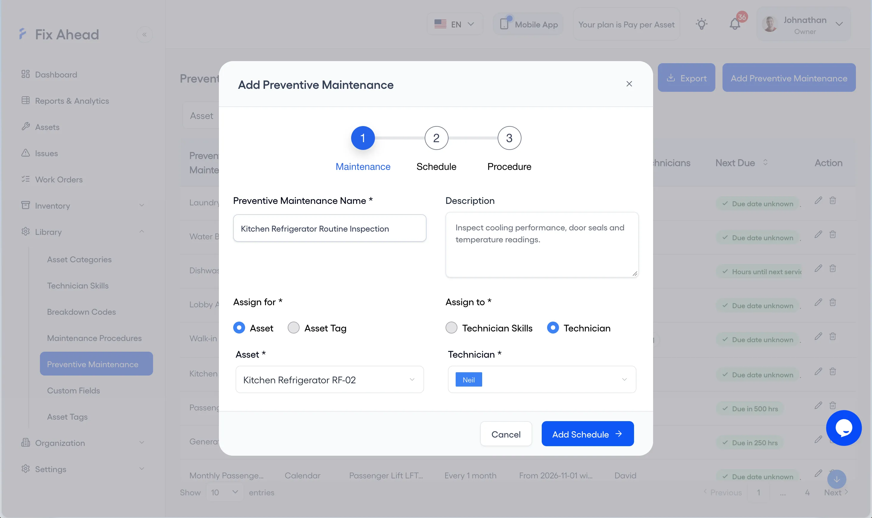 The Maintenance step of Add Preventive Maintenance, the first of its three steps. Assign for is set to Asset, with Asset Tag beside it, and the Add Schedule button sits at the foot.
