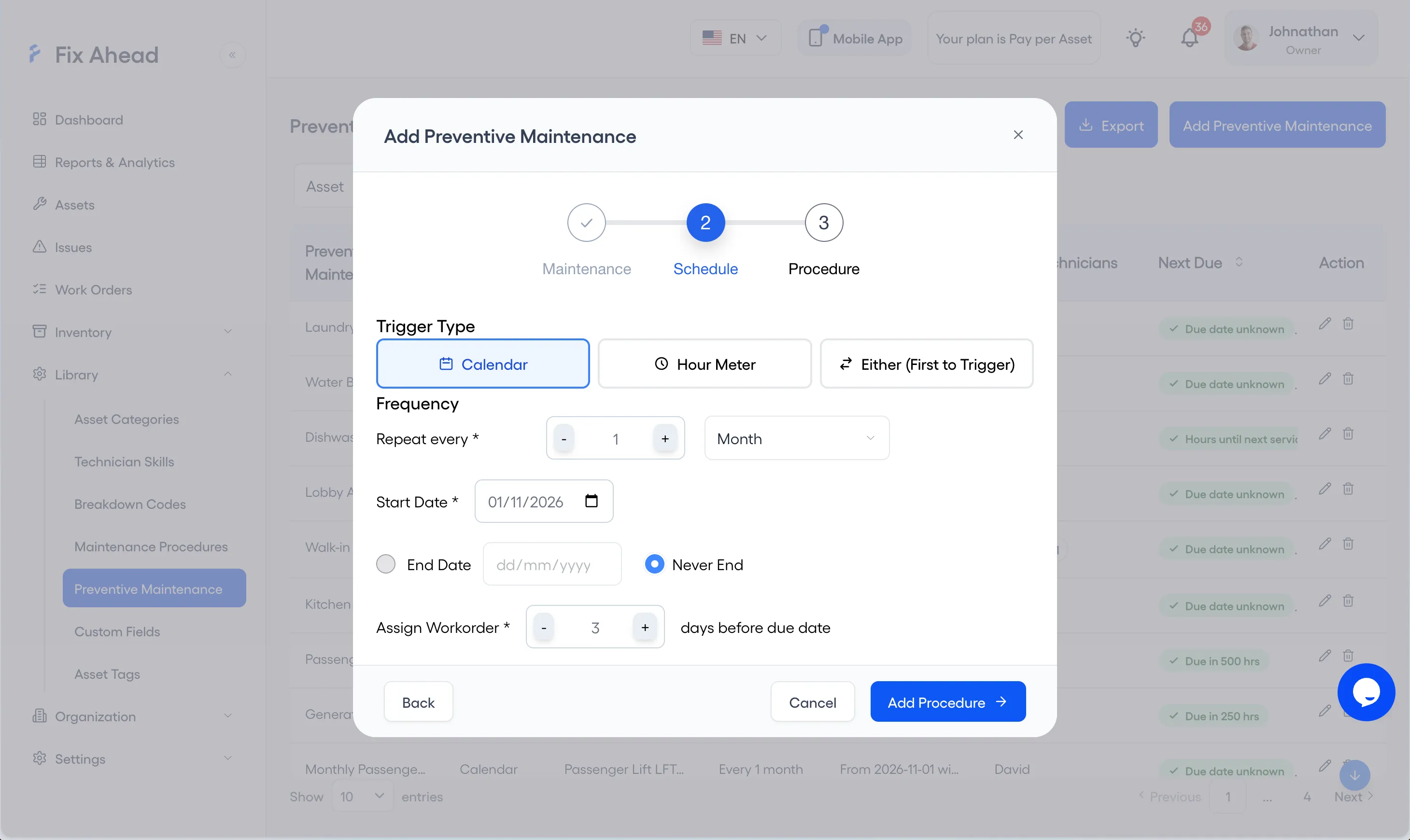 The Add Preventive Maintenance dialog at its Schedule step on Calendar: Repeat every 1 Month, a Start Date, Never End, and Assign Workorder set to 3 days before due date.