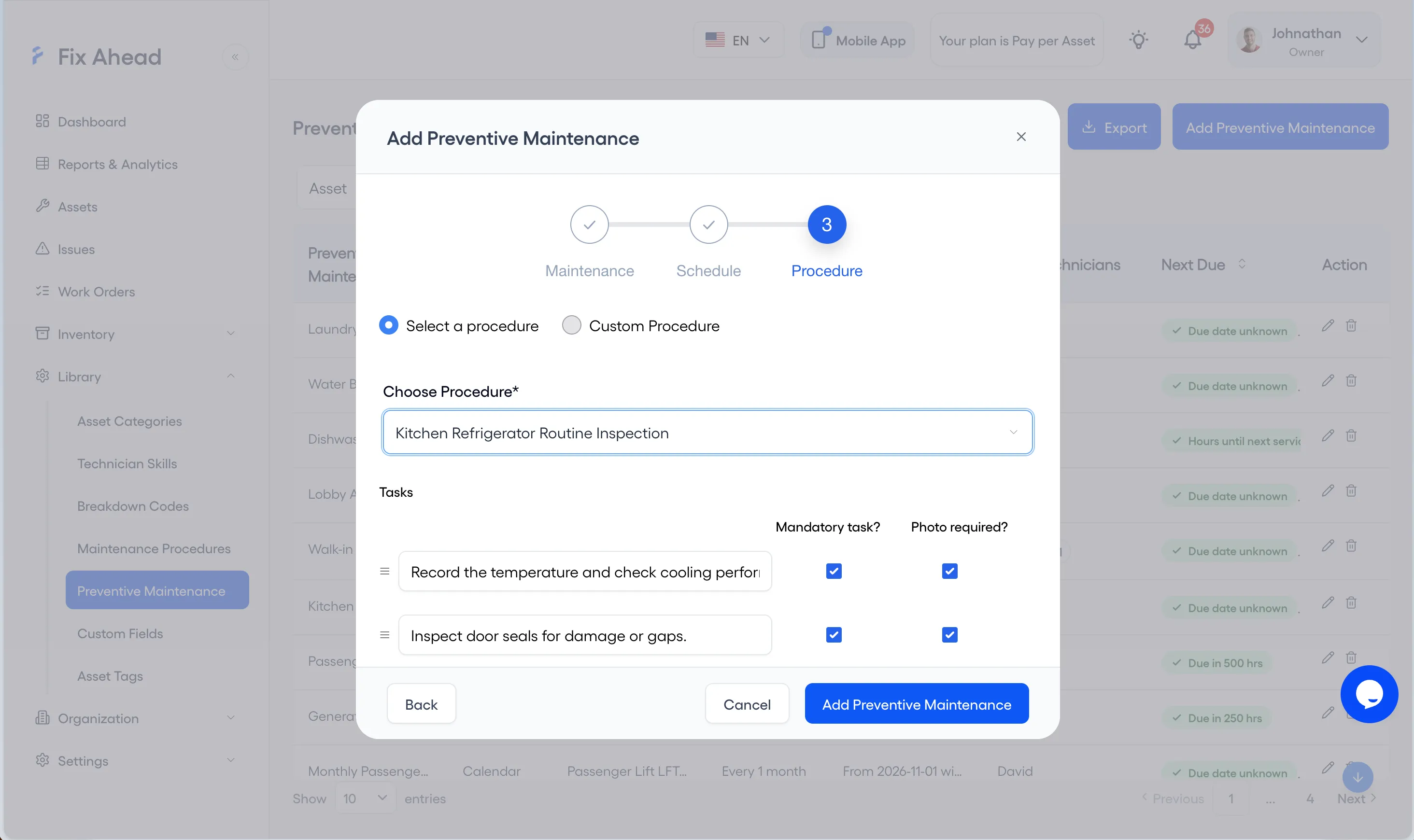 The Add Preventive Maintenance dialog at its Procedure step: Select a procedure chosen, with the tasks of the chosen procedure listed, each with its Mandatory task? and Photo required? box ticked.