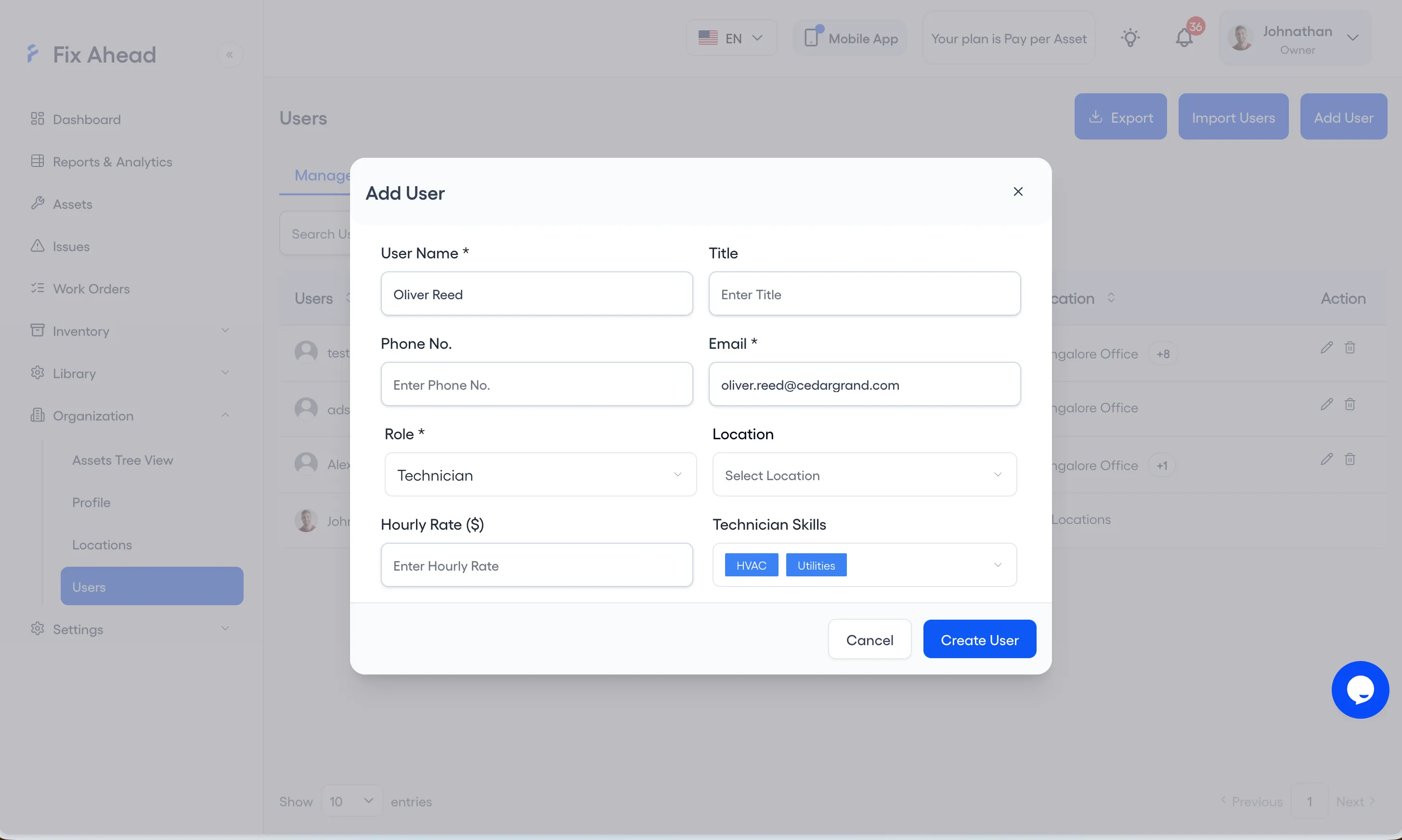 The Add User dialog with Role set to Technician, and Hourly Rate and Technician Skills in the rows below