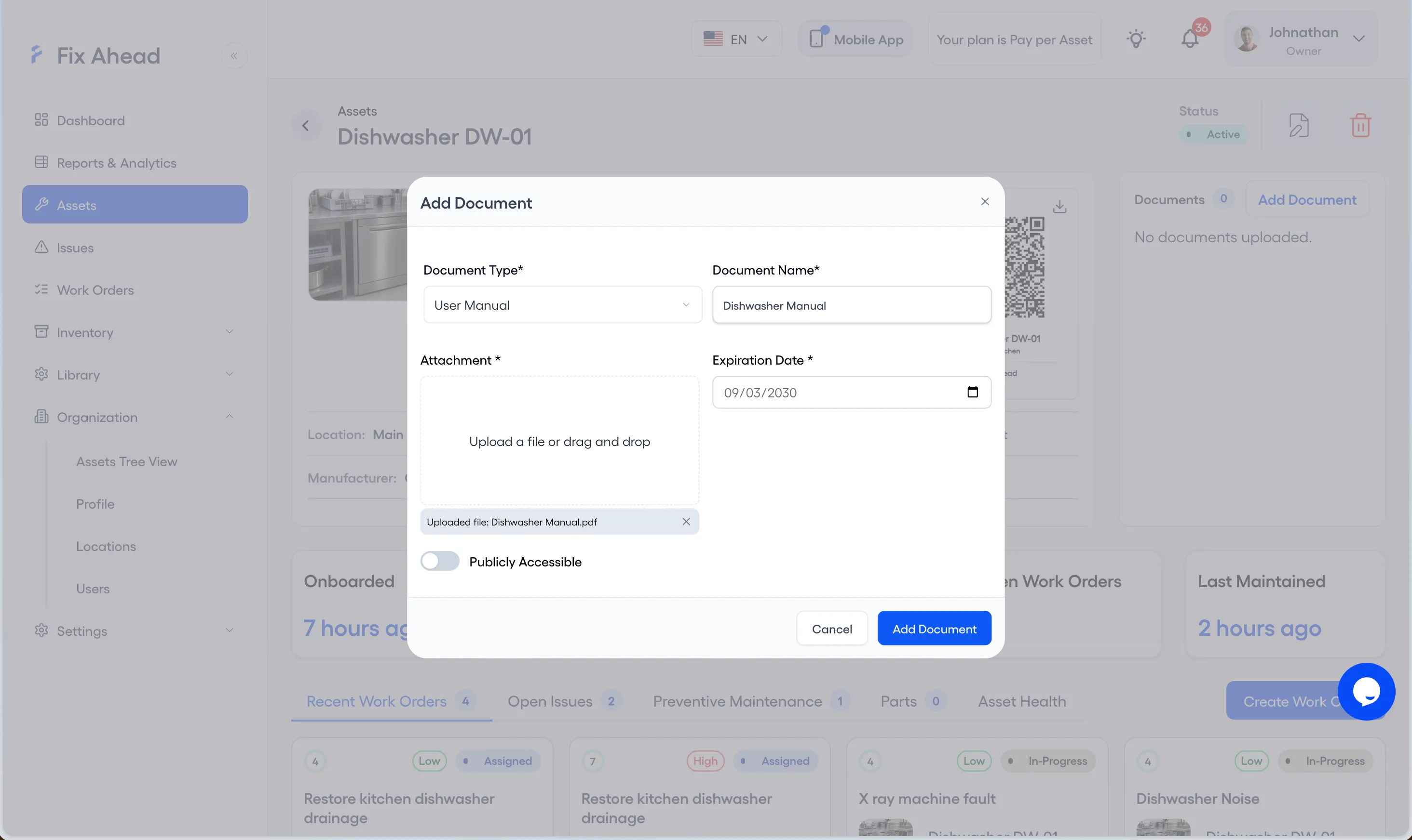 The Add Document modal on the Dishwasher DW-01 asset page: Document Type set to User Manual, Document Name Dishwasher Manual, Dishwasher Manual.pdf uploaded, an expiration date, and Publicly Accessible switched off.