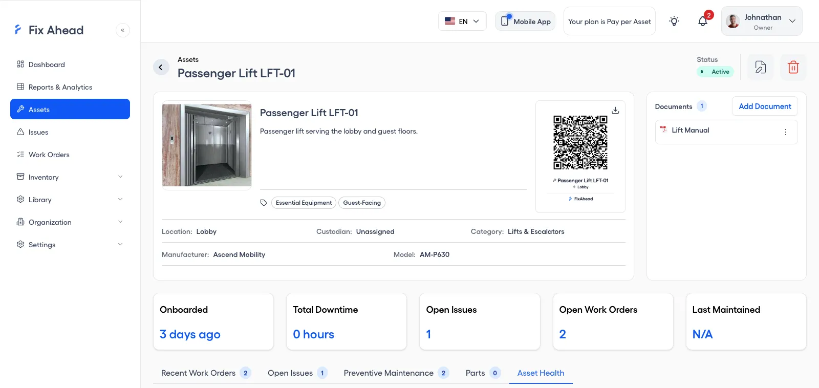 The Passenger Lift LFT-01 asset page: its header with the lift's photo, QR label, tags Essential Equipment and Guest-Facing, location, category, manufacturer and model, a Documents panel, five count cards, and the Asset Health tab selected