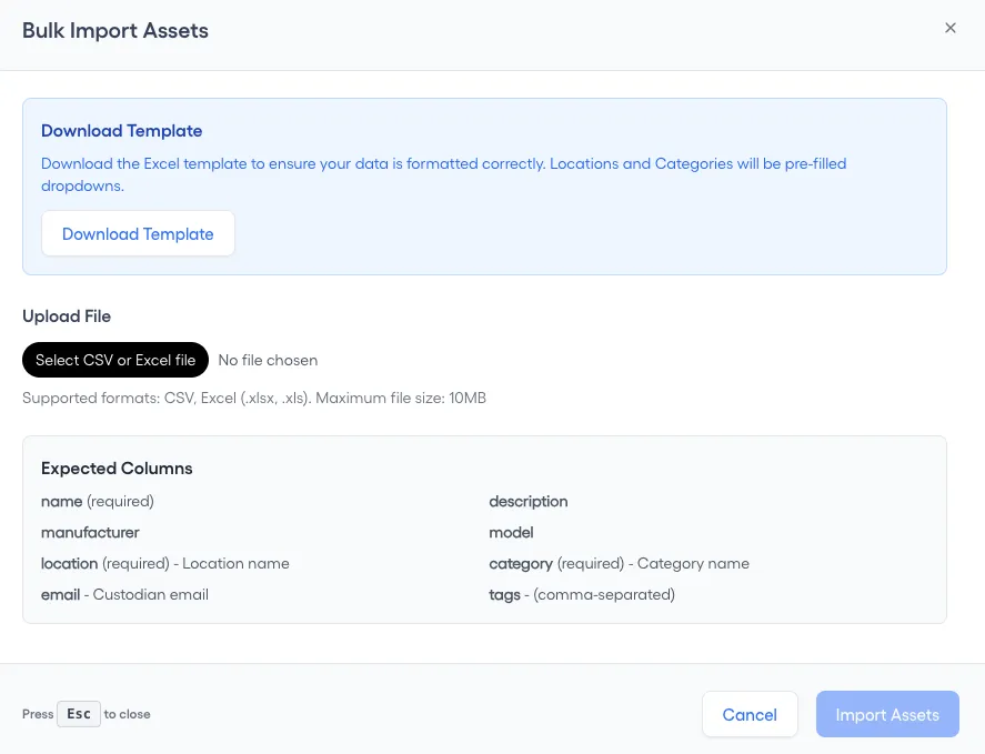 The Bulk Import Assets form with a Download Template box and button, an Upload File button, and an Expected Columns box listing name, description, manufacturer, model, location, category, email and tags.