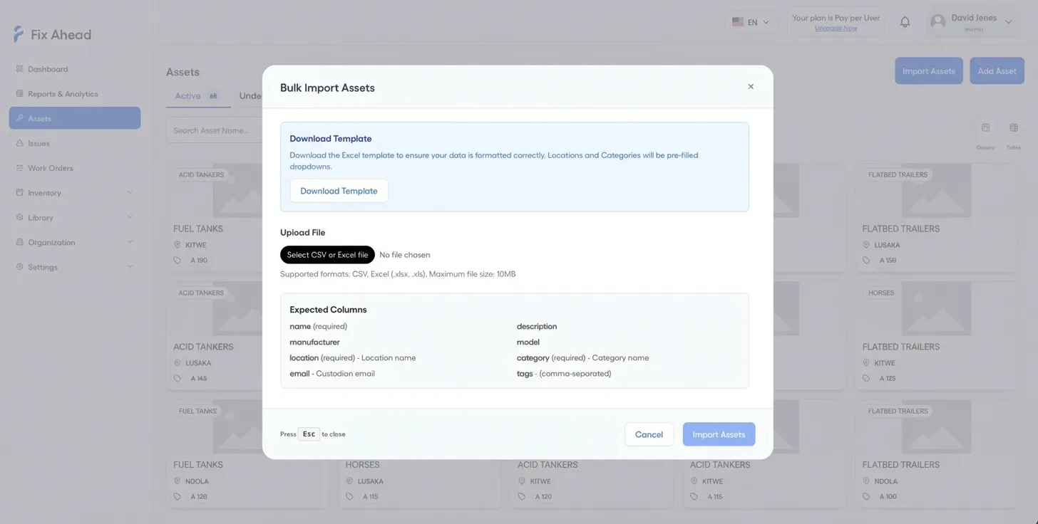 Bulk import assets modal with CSV preview and validation