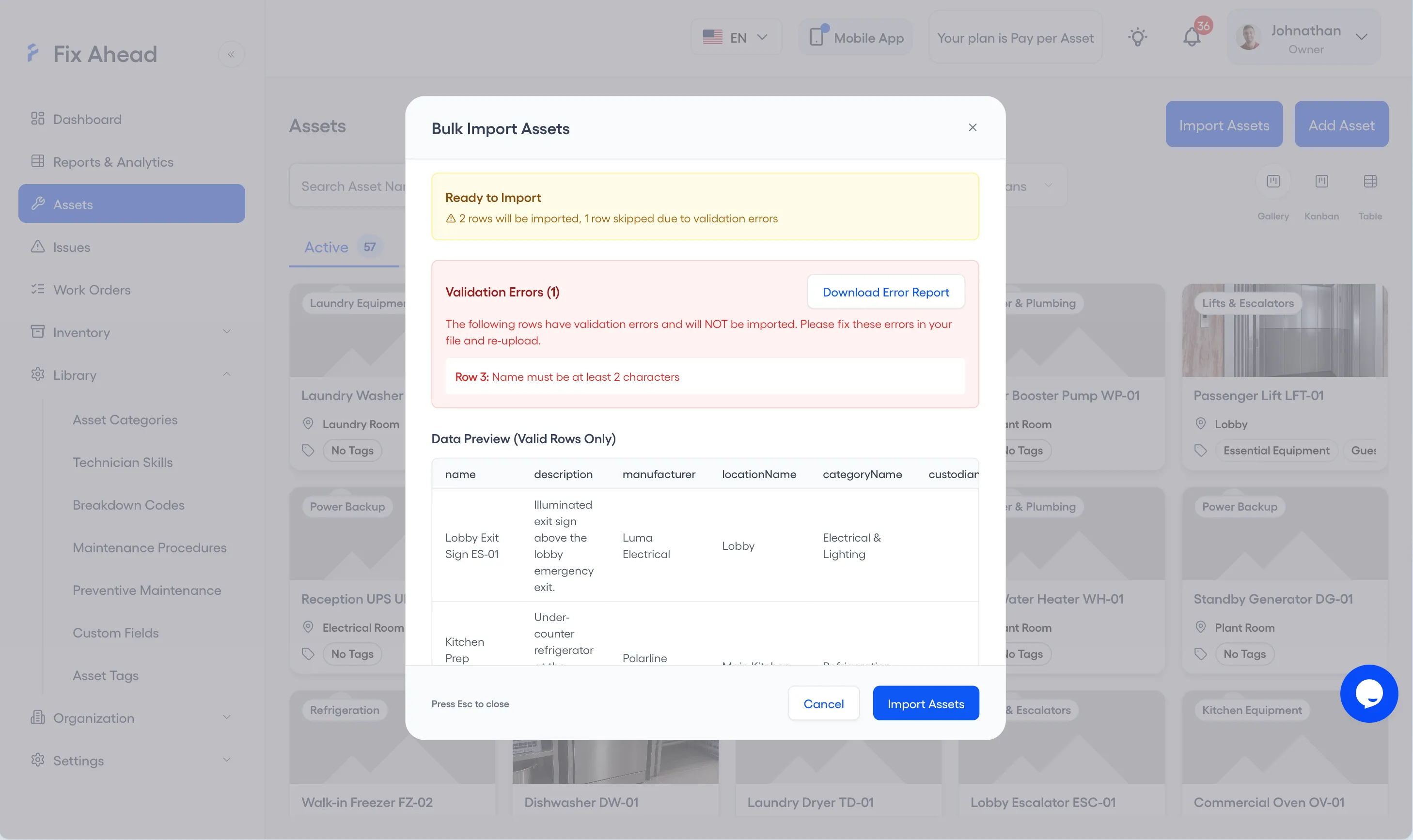 The Bulk Import Assets form after a file is chosen: Ready to Import, with the number of rows to import and the number skipped for validation errors, Validation Errors with a Download Error Report button and the flagged row, and a Data Preview of the valid rows.