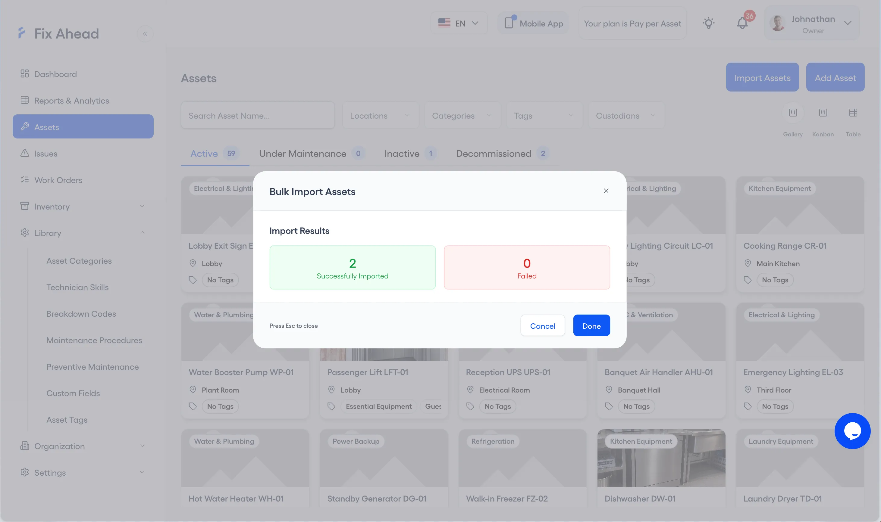 The Import Results form showing 2 Successfully Imported and 0 Failed, with Cancel and Done buttons.