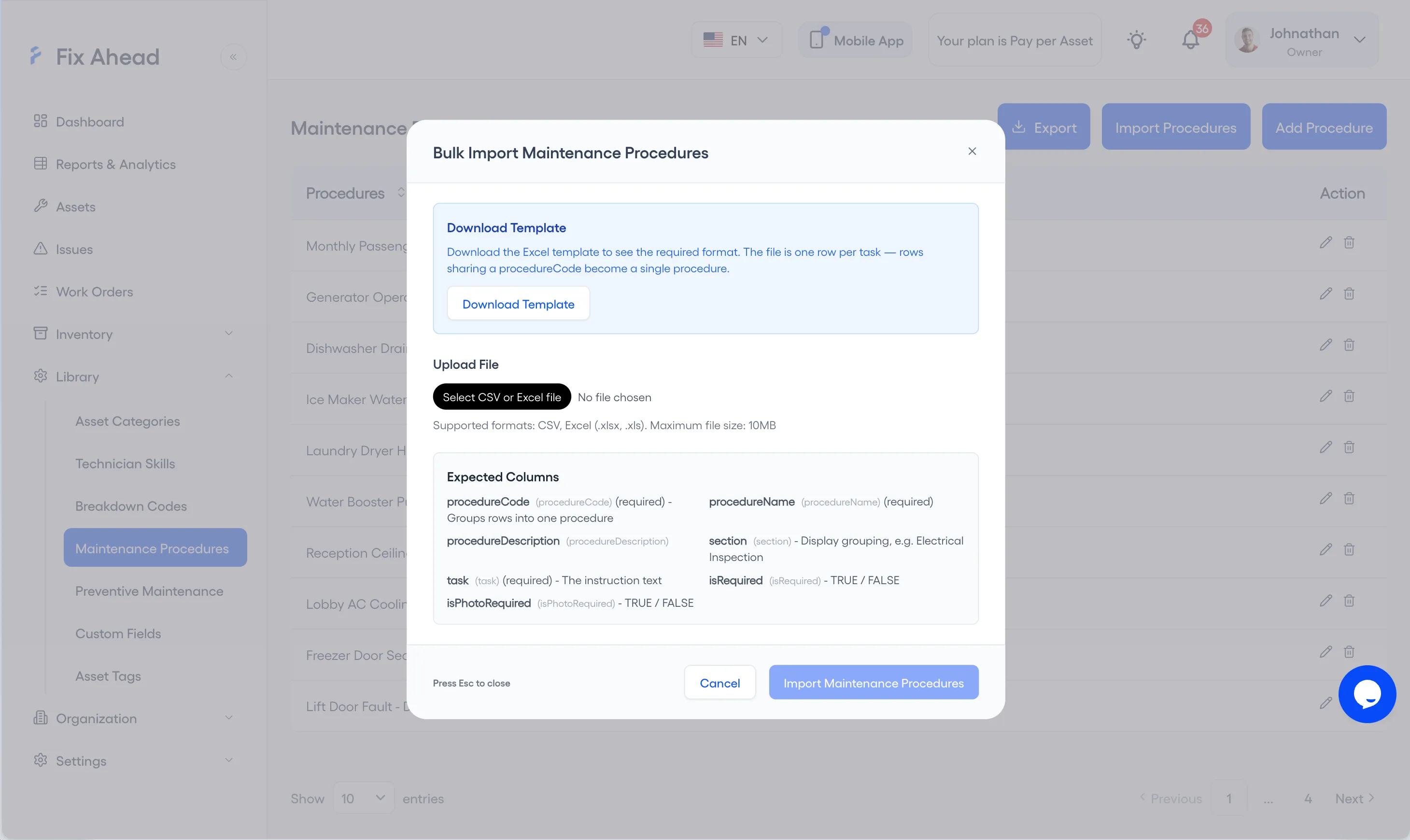 The Bulk Import Maintenance Procedures modal with no file chosen: a Download Template box, a Select CSV or Excel file button, the Expected Columns from procedureCode to isPhotoRequired, and Import Maintenance Procedures dimmed.