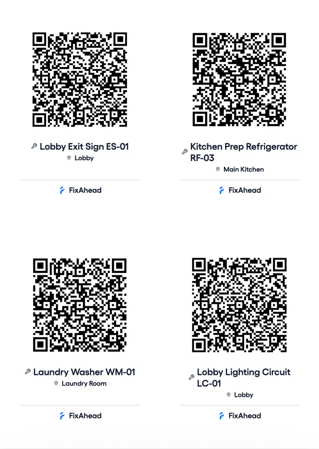 A4 sheet of four QR labels, each with the asset name, location, and FixAhead mark