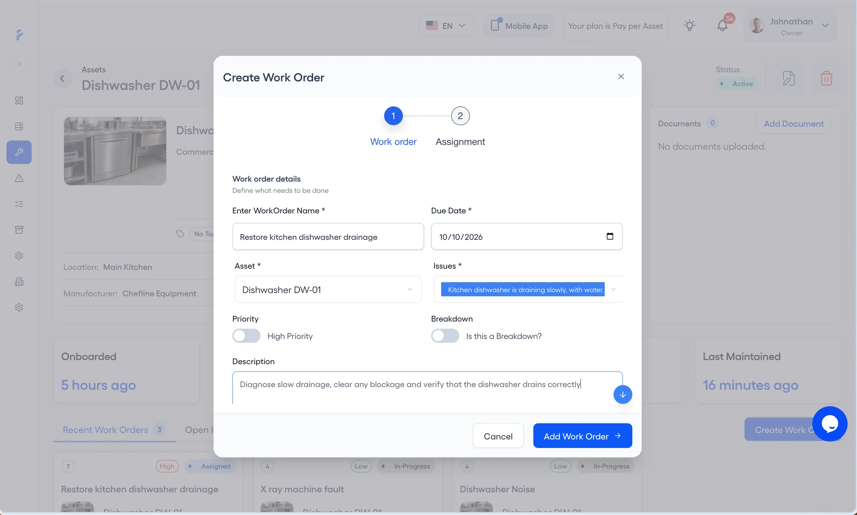 Create Work Order form at its Work order step, with the name, due date, asset, priority, and description fields