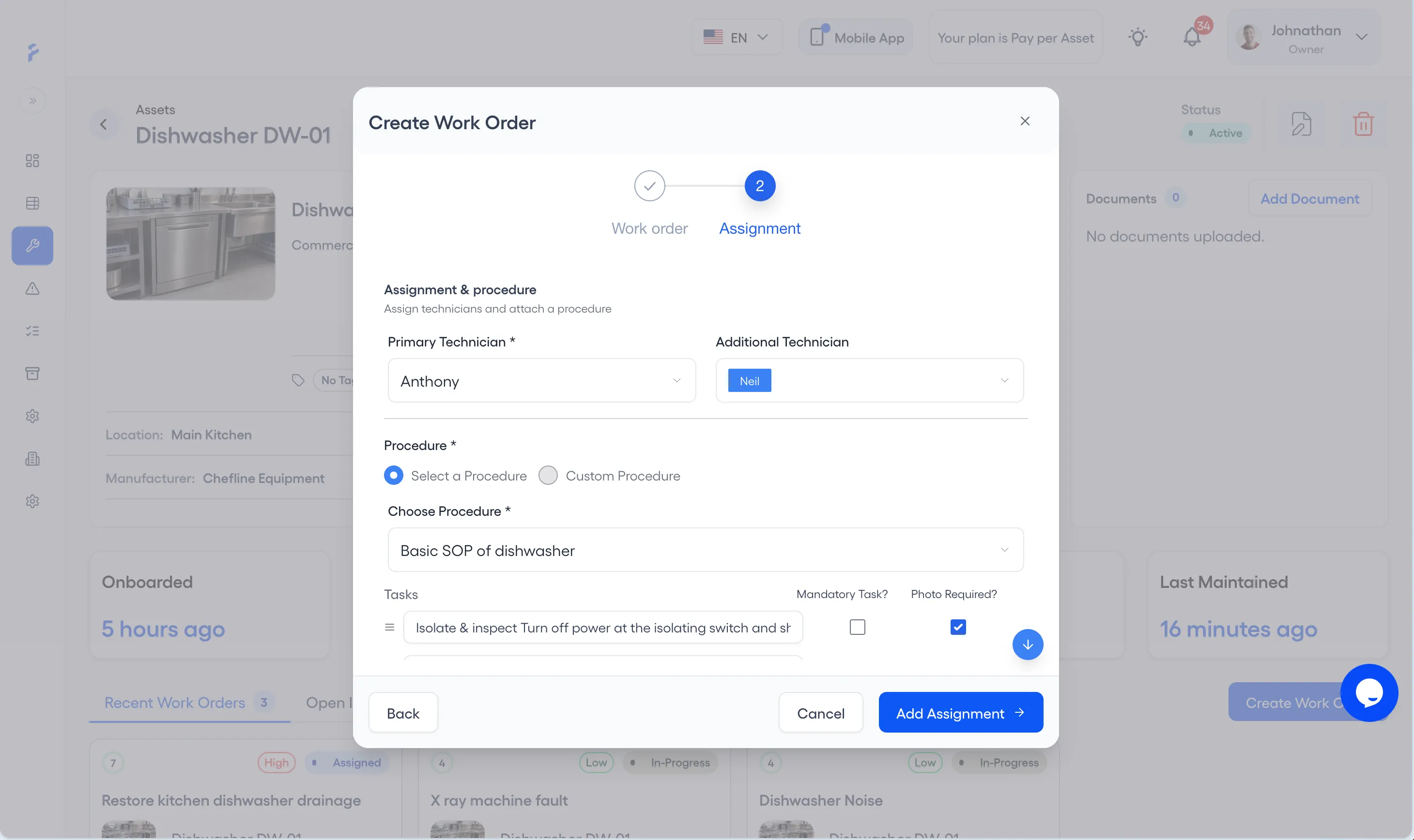 Create Work Order on its Assignment step, with a primary technician, an additional technician, and a saved procedure with its tasks