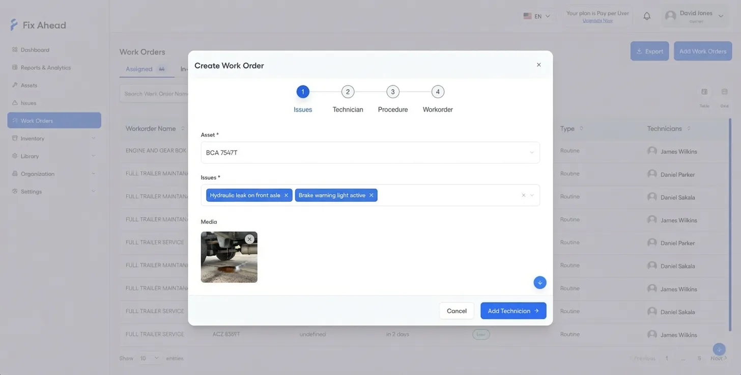 Work order creation wizard with issue selection