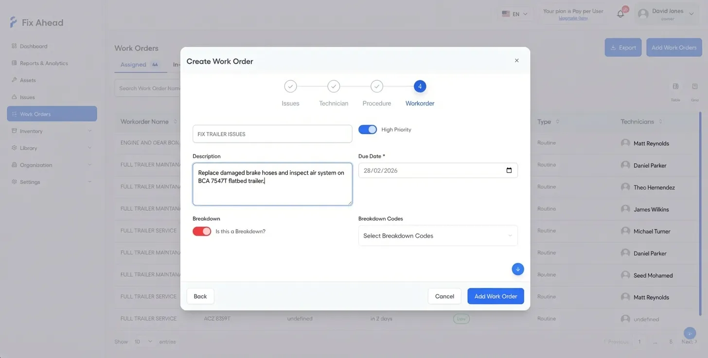 Work order creation wizard step 4 with details and assignment