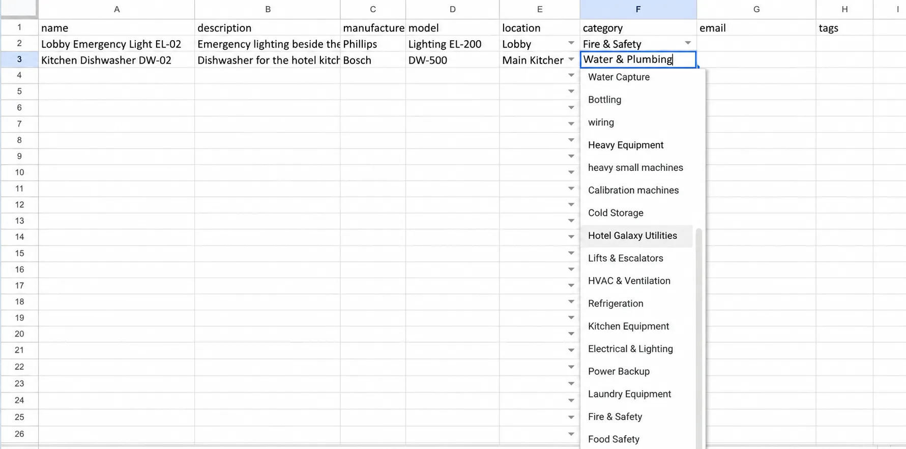 The import template in a spreadsheet, with a dropdown list of categories open under the category cell, among them Heavy Equipment, Lifts & Escalators and HVAC & Ventilation.