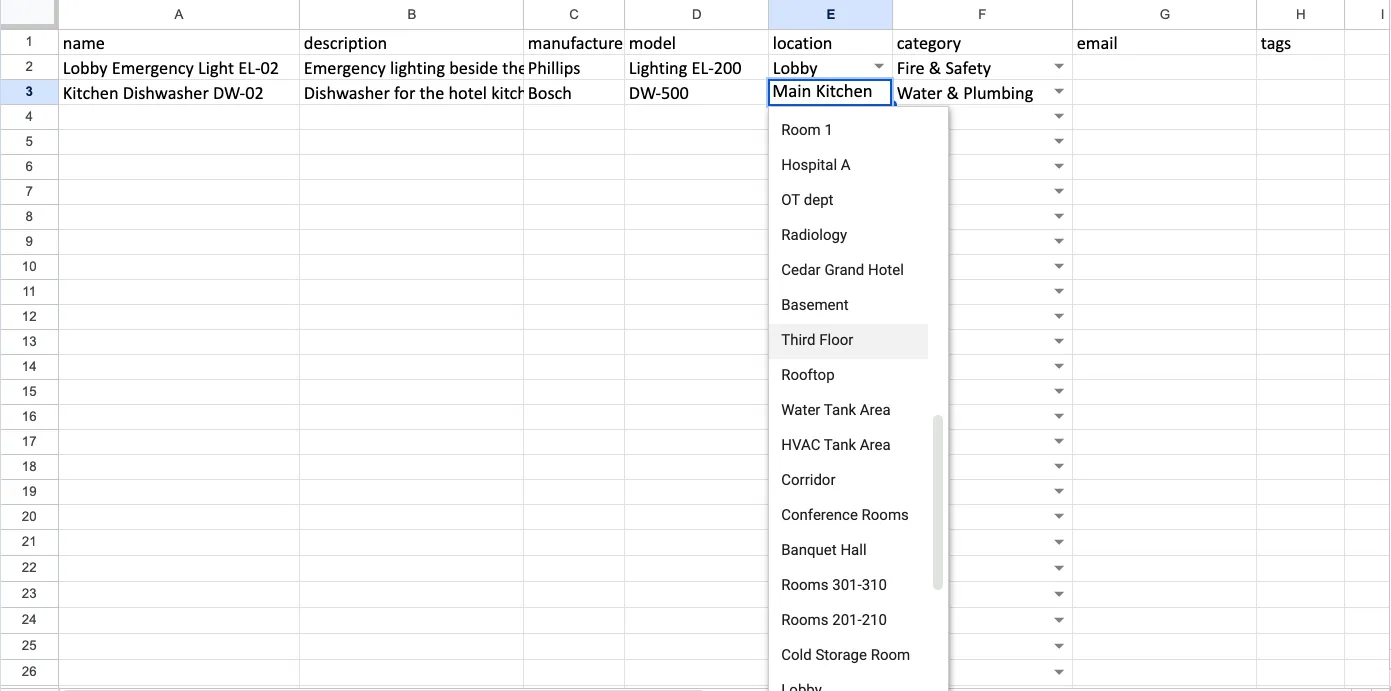 The import template in a spreadsheet, with columns name, description, manufacturer, model, location, category, email and tags, two asset rows, and a dropdown list of locations open under the location cell.