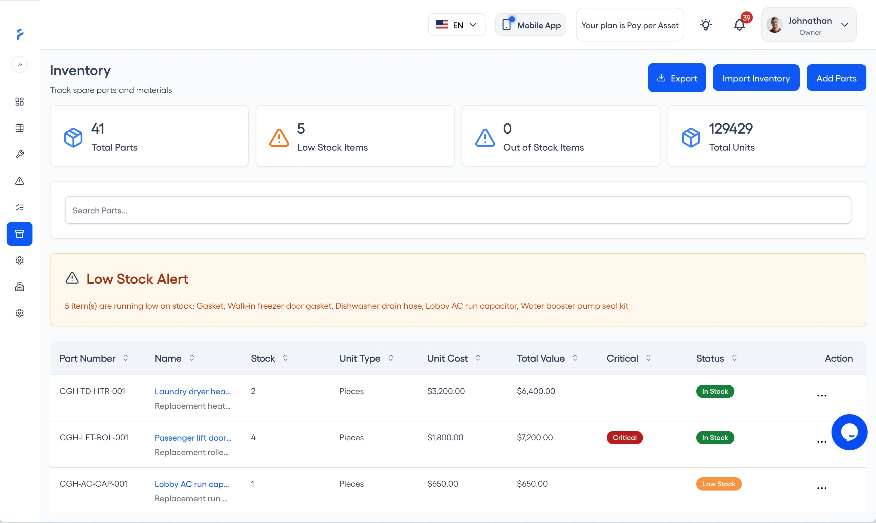 FixAhead Inventory page with four stat cards, a Low Stock Alert, and a parts table with a Critical column