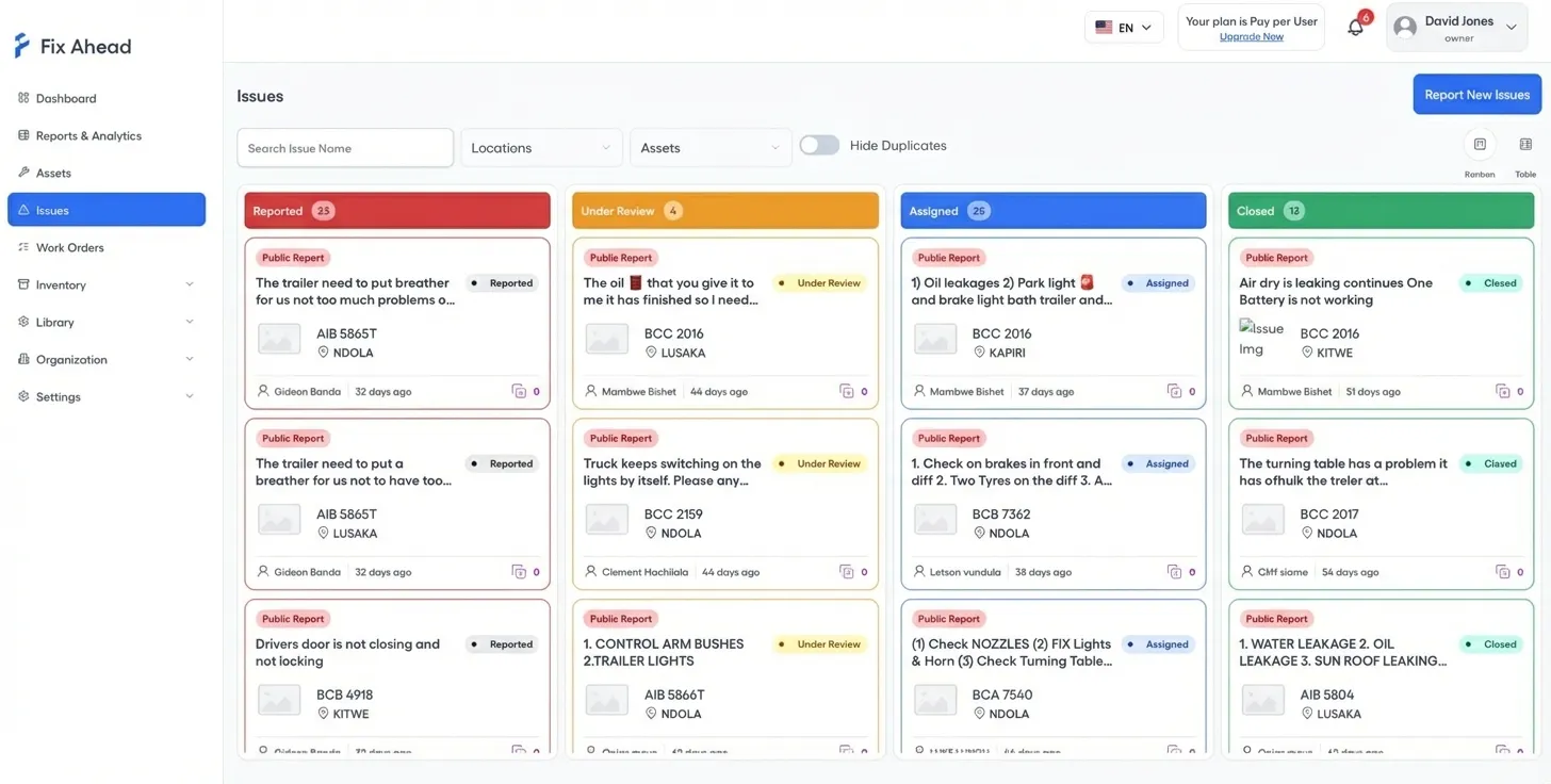 Issue tracking Kanban board with status columns