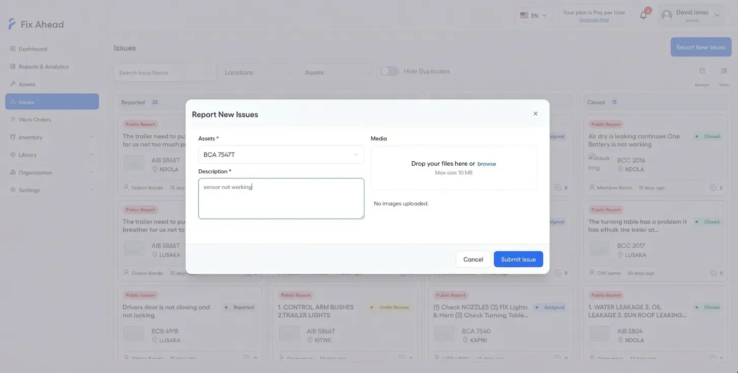 Issue Kanban board with new issue reporting modal