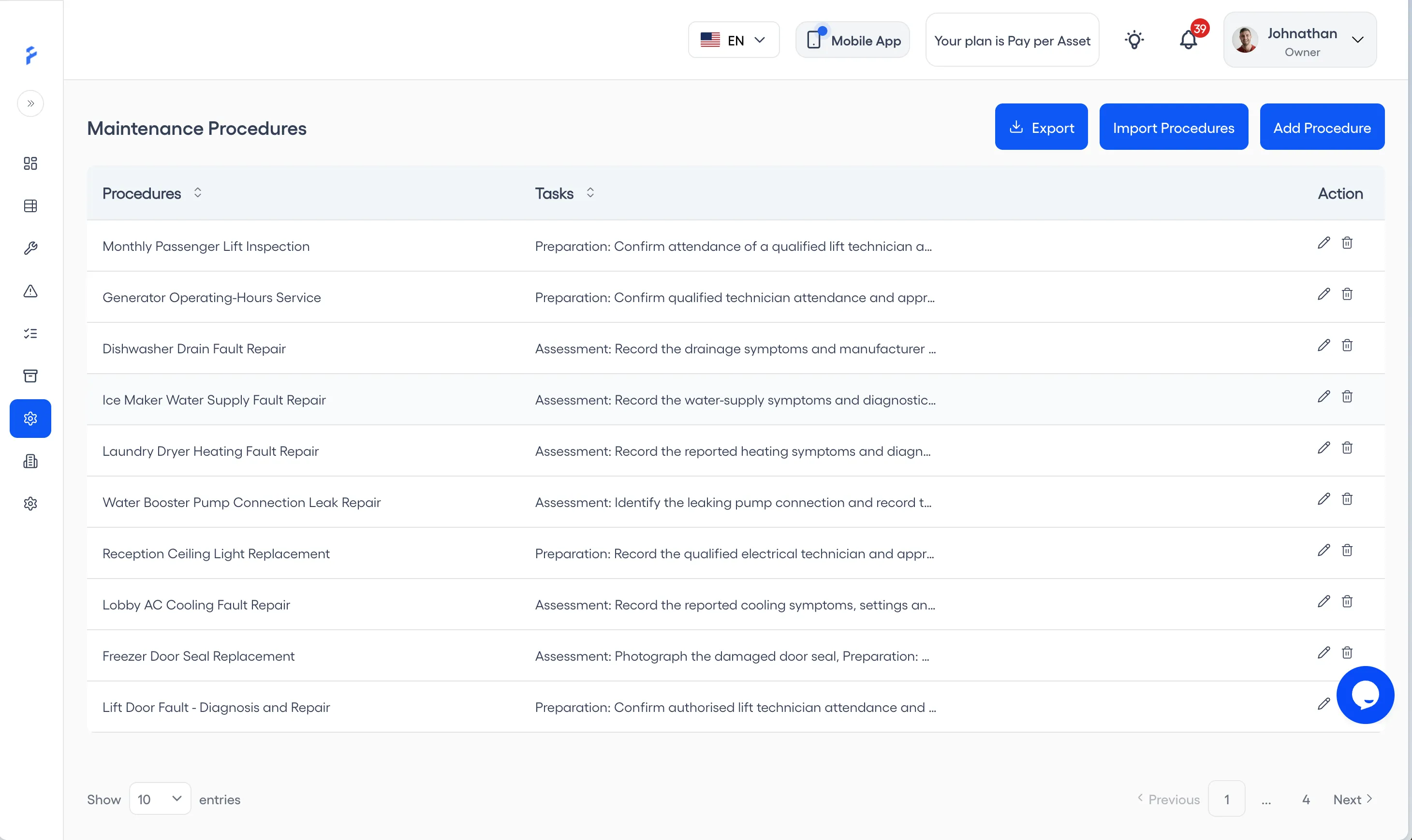 Maintenance Procedures list with Export, Import Procedures, and Add Procedure buttons, and the tasks of each procedure