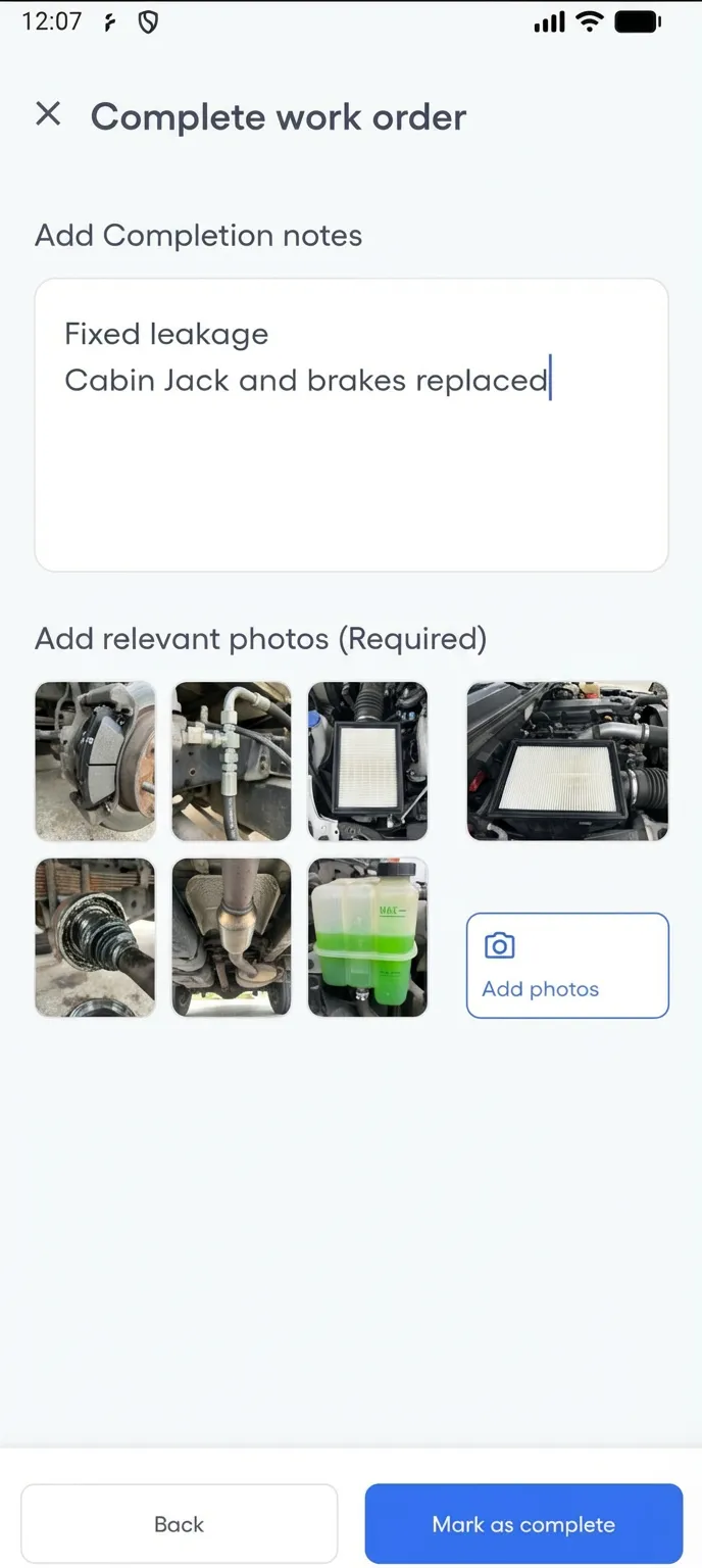 Mobile work order completion form with notes and images