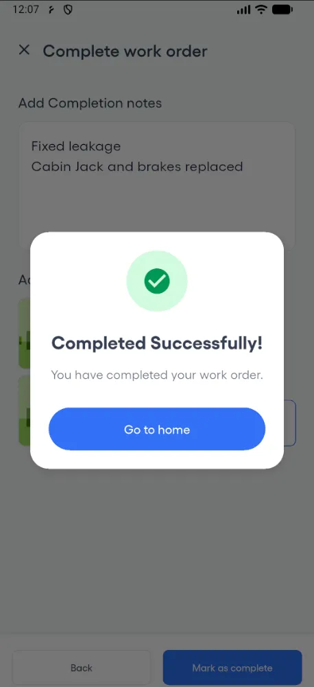 Mobile work order completed success confirmation