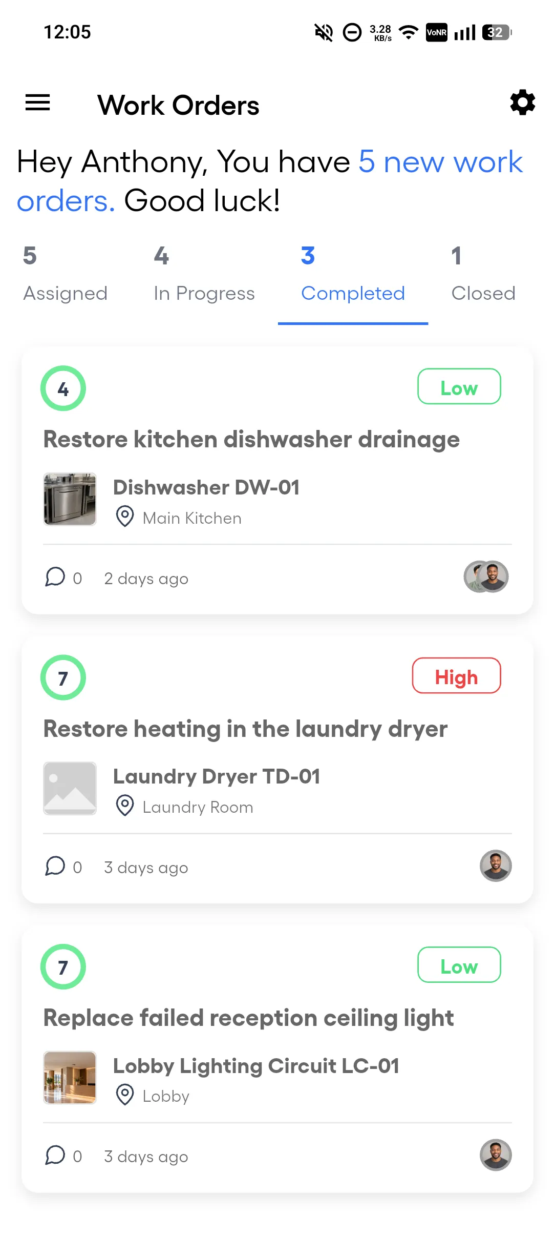 Mobile work order list on the Completed tab, with three completed work orders