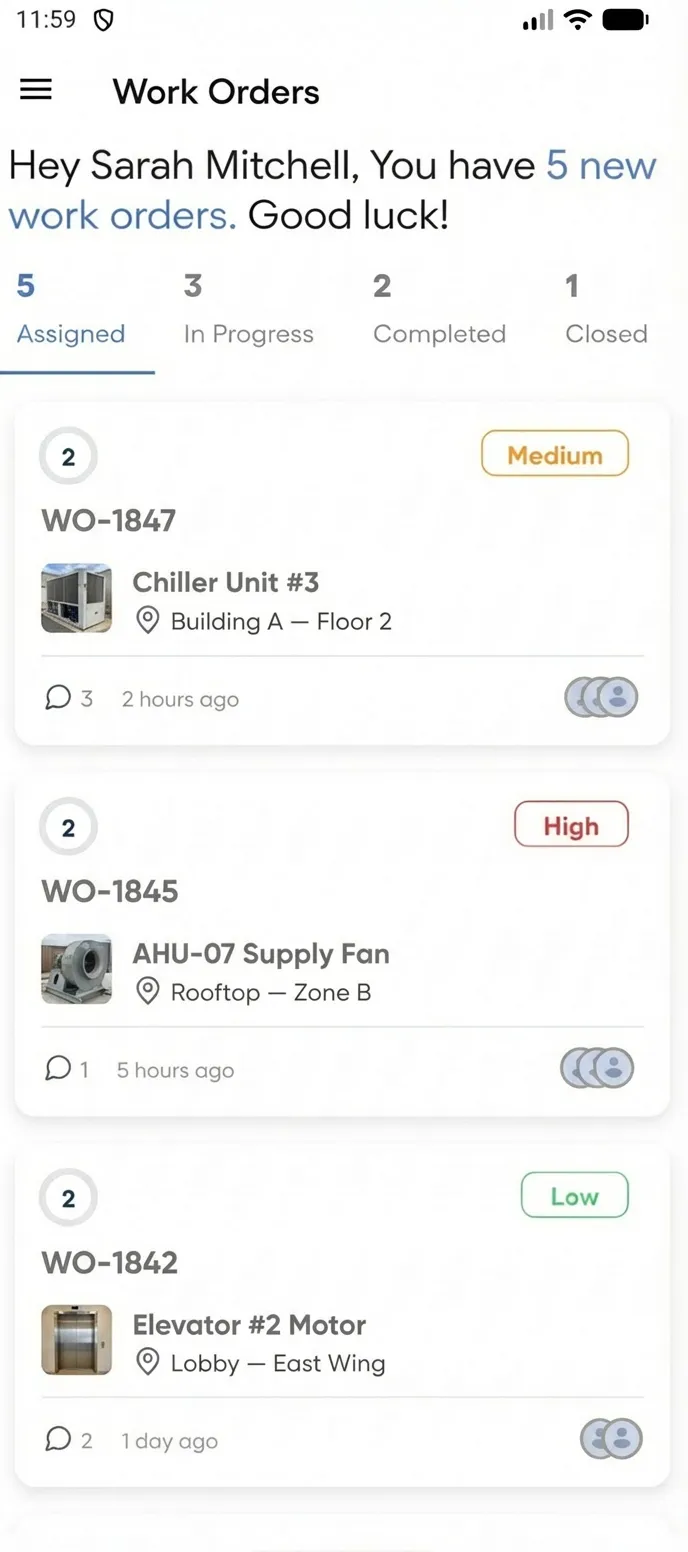 Mobile app work order list with status filter tabs