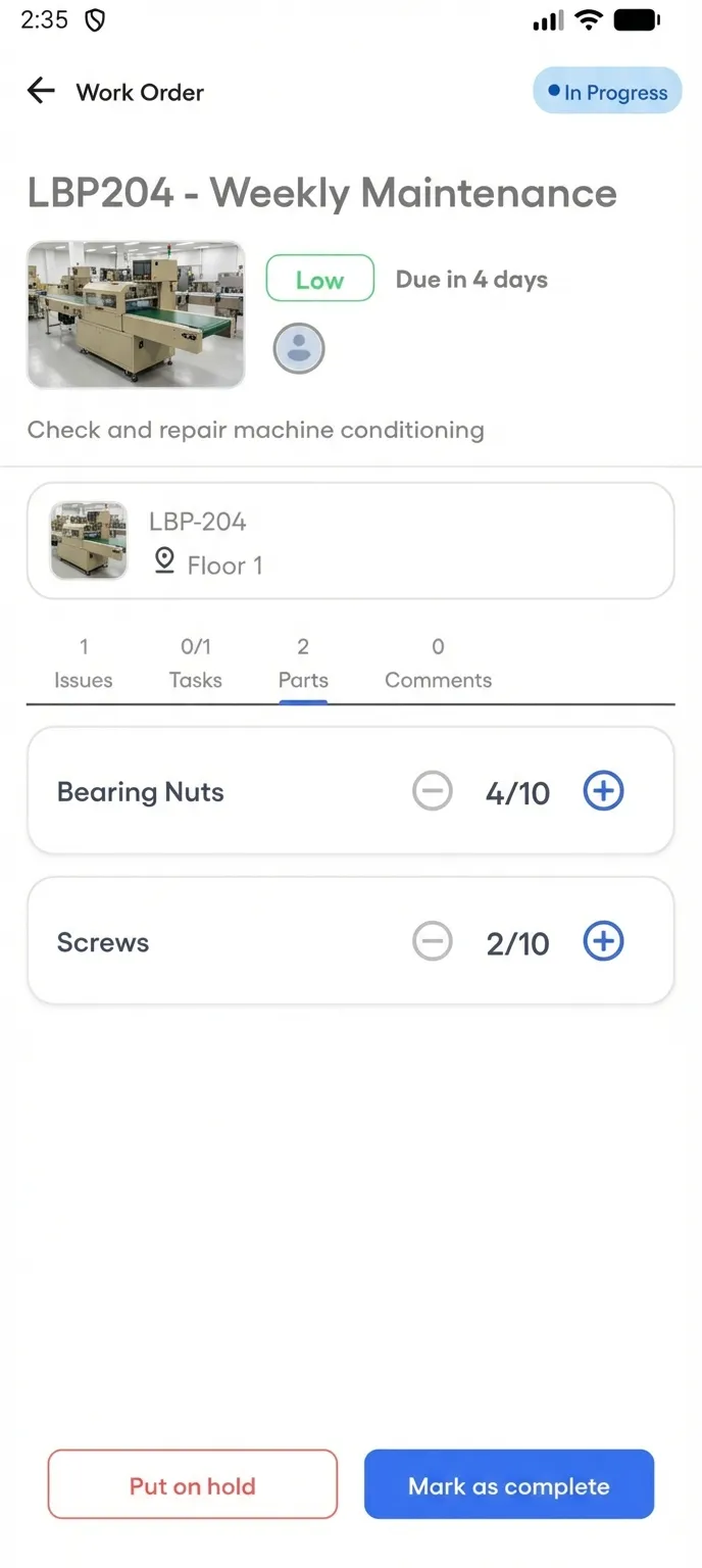 Mobile work order parts inventory tracking with quantity controls