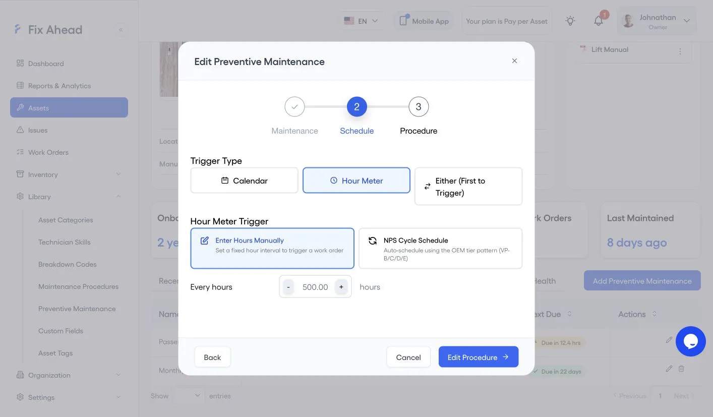Edit Preventive Maintenance on its Schedule step, with Trigger Type set to Hour Meter, Enter Hours Manually chosen, and Every hours set to 500