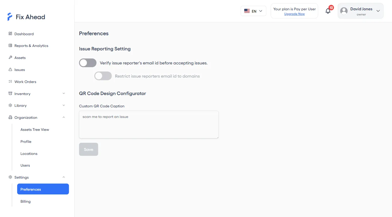Issue reporting preferences with QR code settings