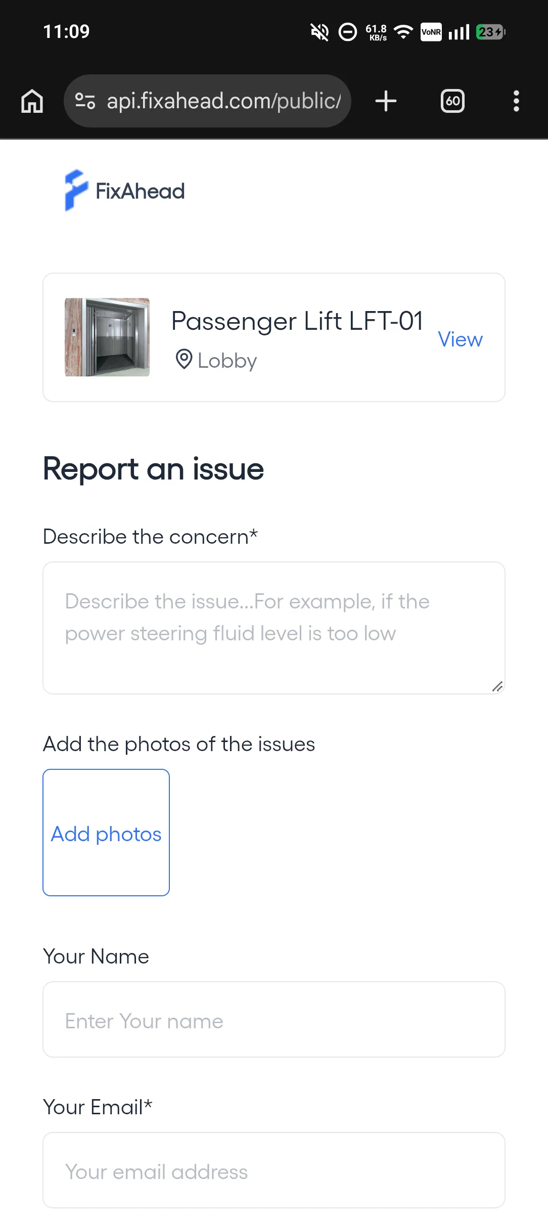 The public Report an issue form on a phone: the FixAhead logo, a card for Passenger Lift LFT-01 in the Lobby with a View link, the Report an issue heading, and the Describe the concern, Add photos, Your Name and Your Email fields