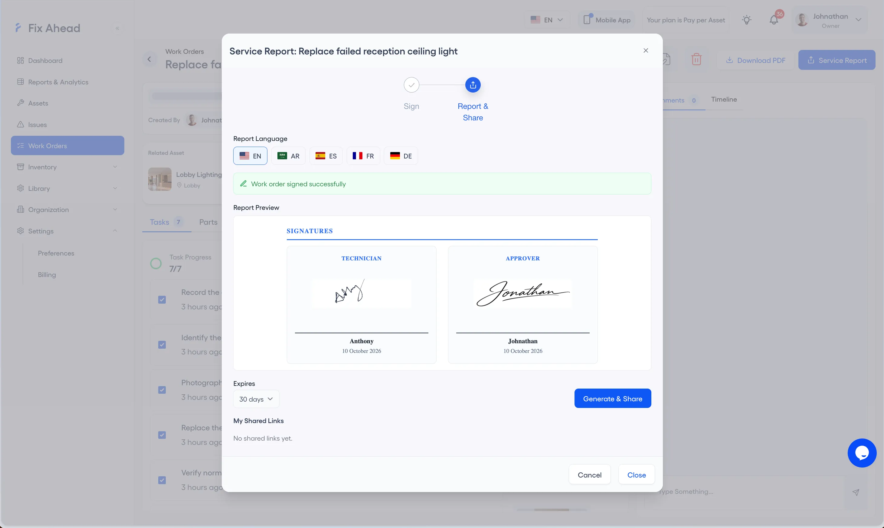 Service Report window on a work order, with the report language set to EN, a preview with a technician signature and an approver signature, Expires set to 30 days, and Generate & Share