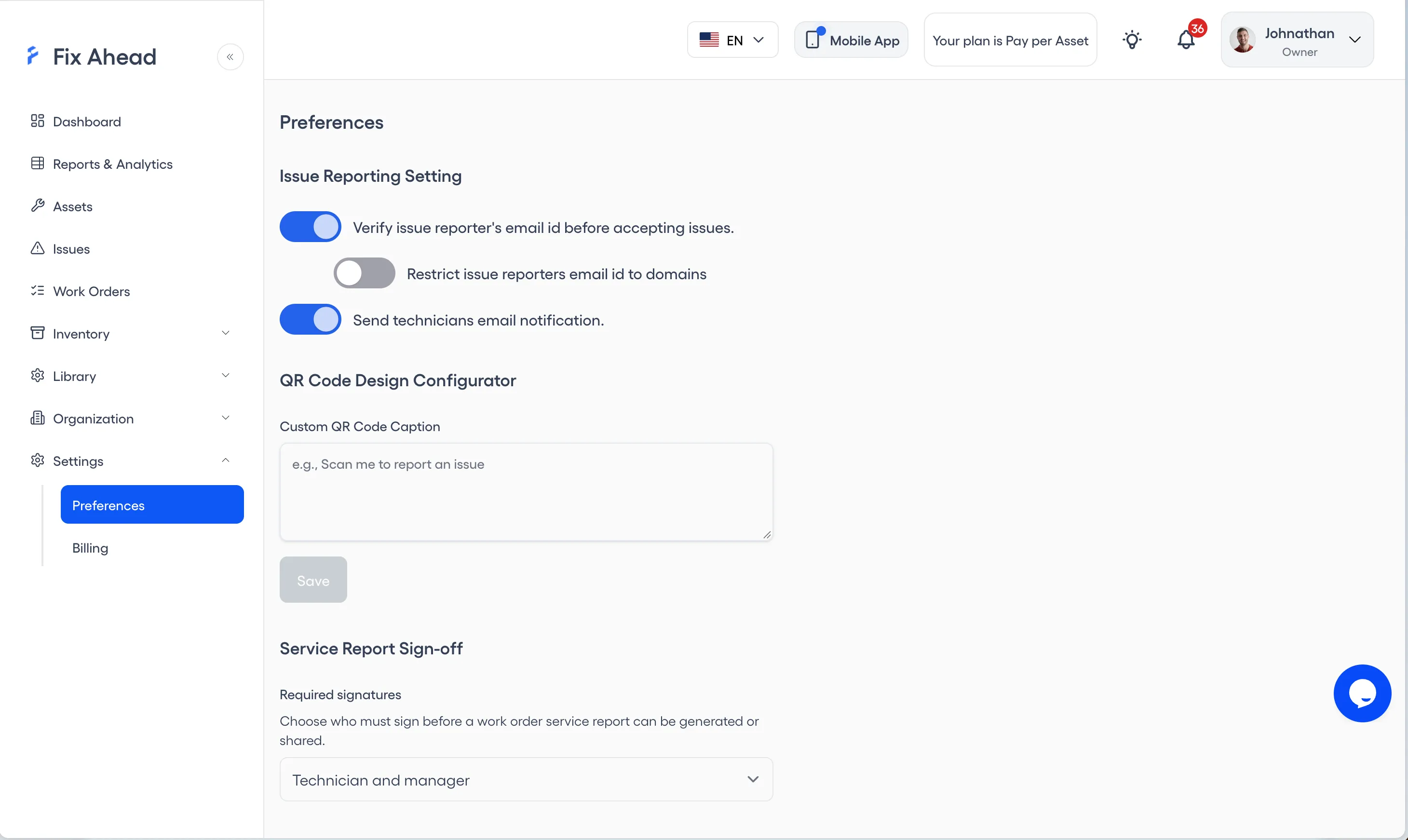 Settings Preferences page with the issue reporting switches, the QR Code Design Configurator caption field, and Service Report Sign-off