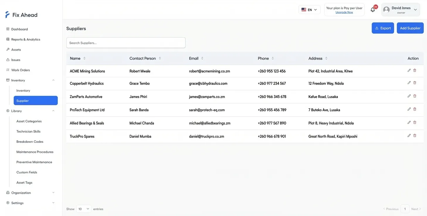 Supplier management list with contact details