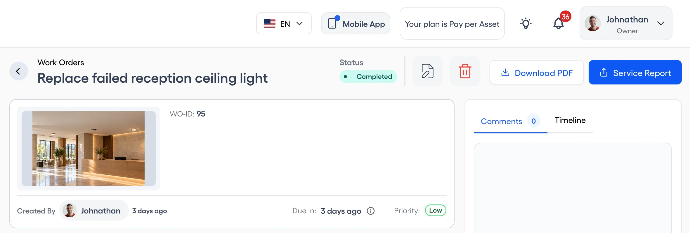 Work order header with its status shown as Completed, Download PDF and Service Report buttons, and the work order's details beside the Comments and Timeline tabs