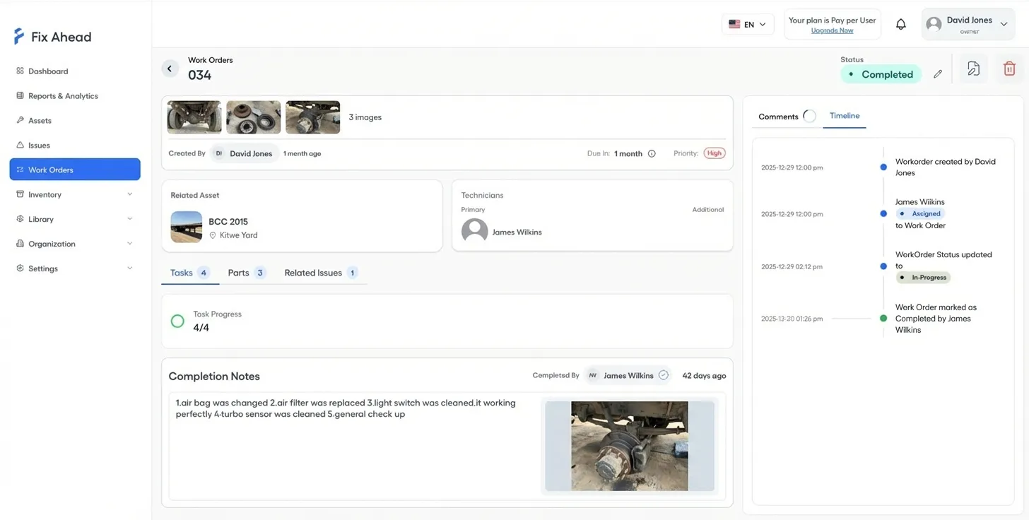 Completed work order with full status timeline