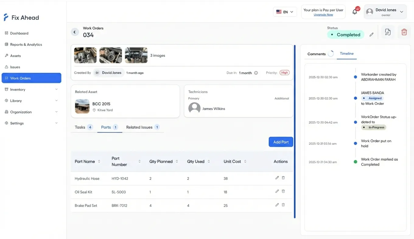 Completed work order showing parts used, costs, and full status timeline