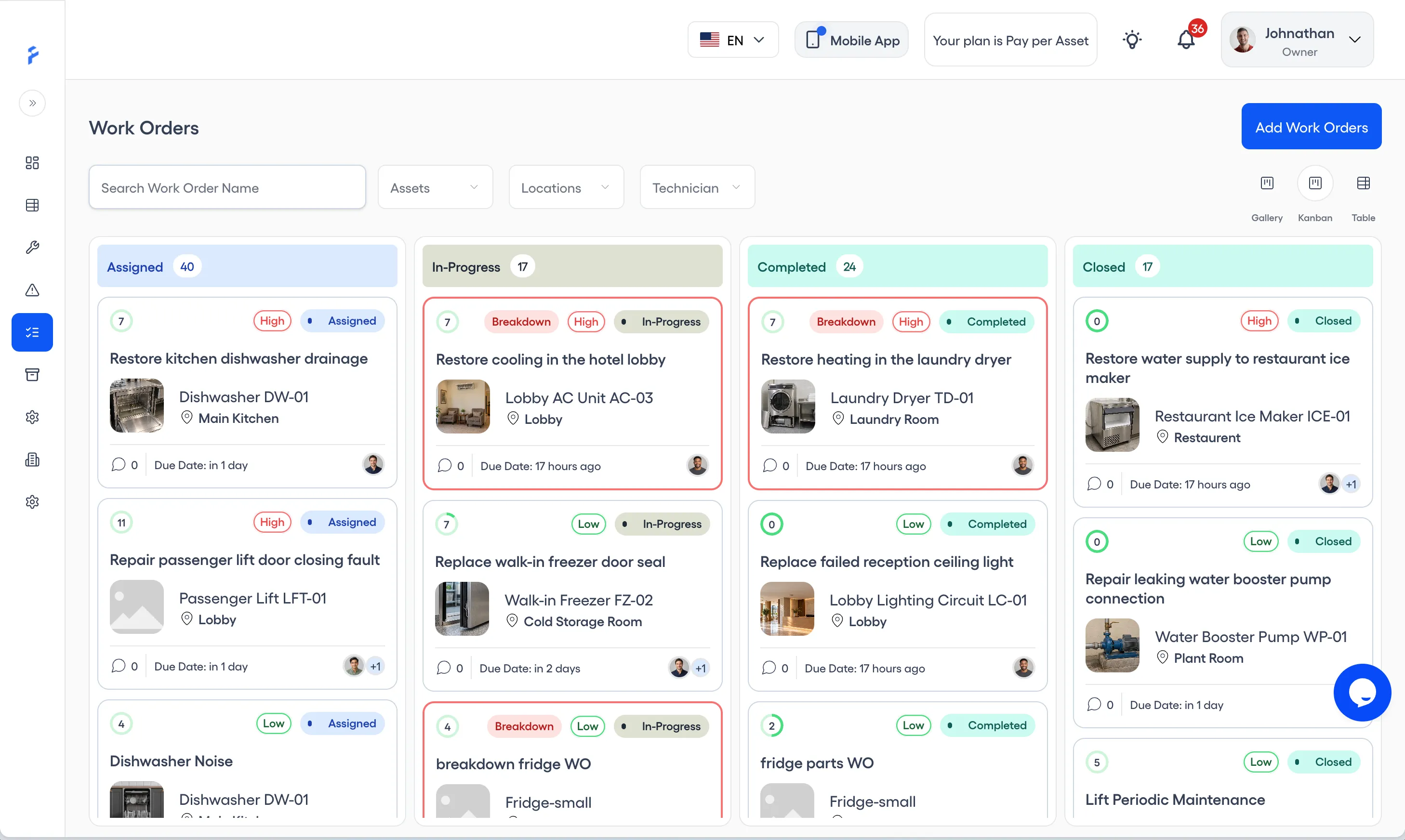 Work Orders kanban board with Assigned, In-Progress, Completed, and Closed columns, each with its count and its work order cards