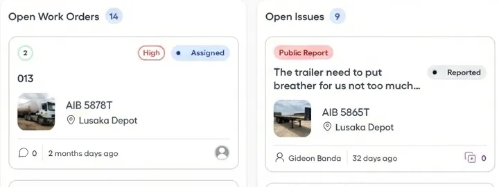 The Open Work Orders and Open Issues lists on FixAhead’s dashboard, counting 14 and 9, each card showing its status, asset, location, and age.